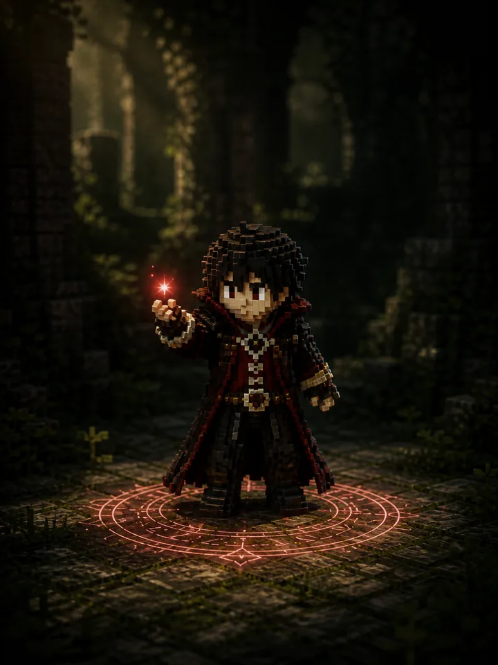 ヴァンパイアのキャラクター。深紅の長衣と黒髪のボクセル人物で、足下に赤い魔法陣が広がっている。