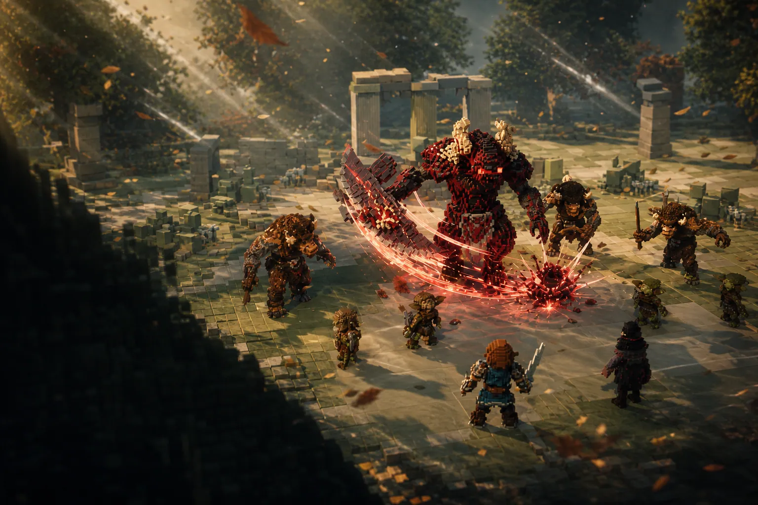 A party faces a towering overlord mid-swing in a ruin plaza