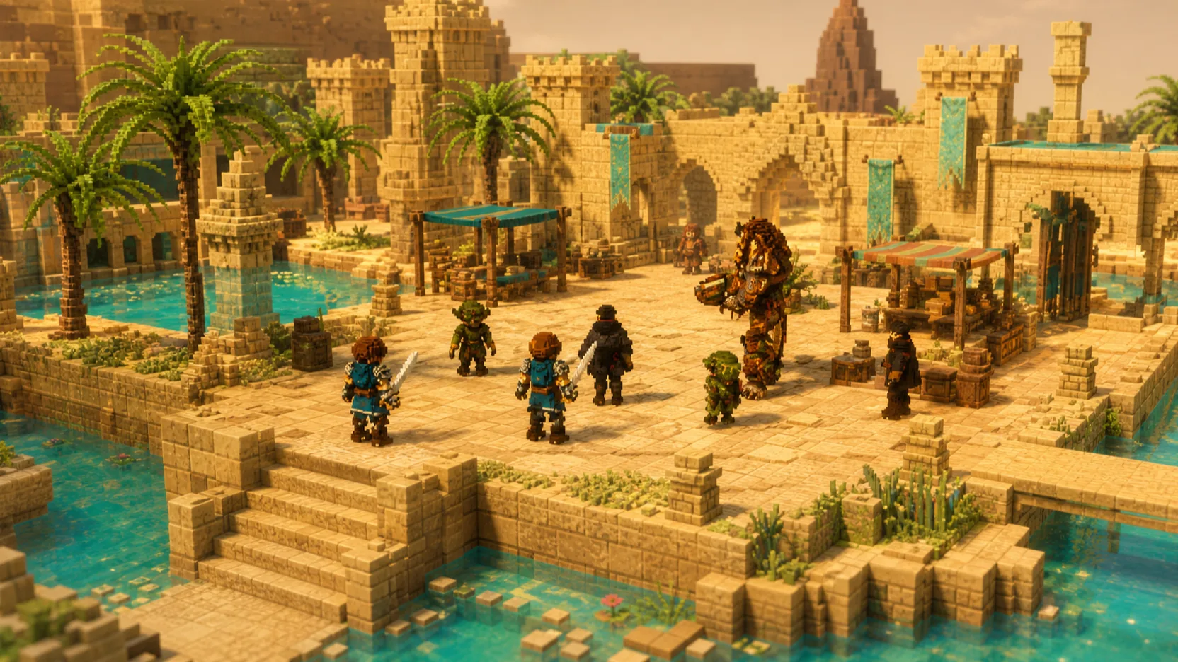 A desert oasis market where travellers and merchants move under striped awnings between sandstone steps, palm trees and a turquoise pool.
