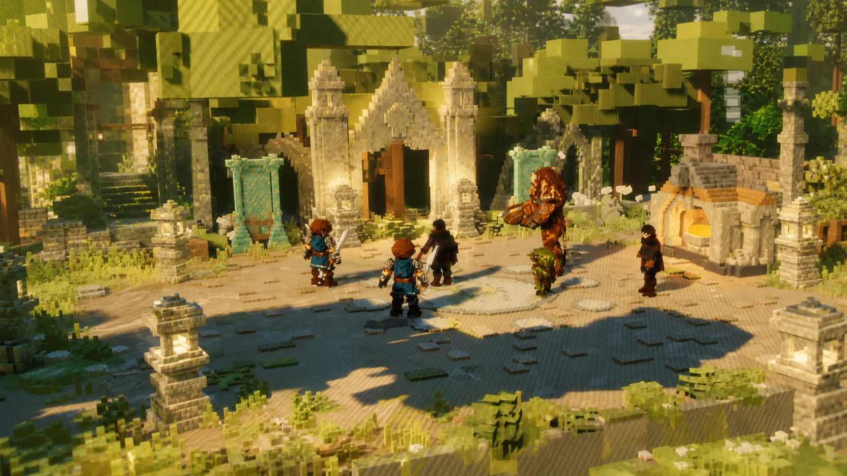 A forest town square where small travellers move between a towering canopy hall and stone archways, with sunlight falling through the leaves.